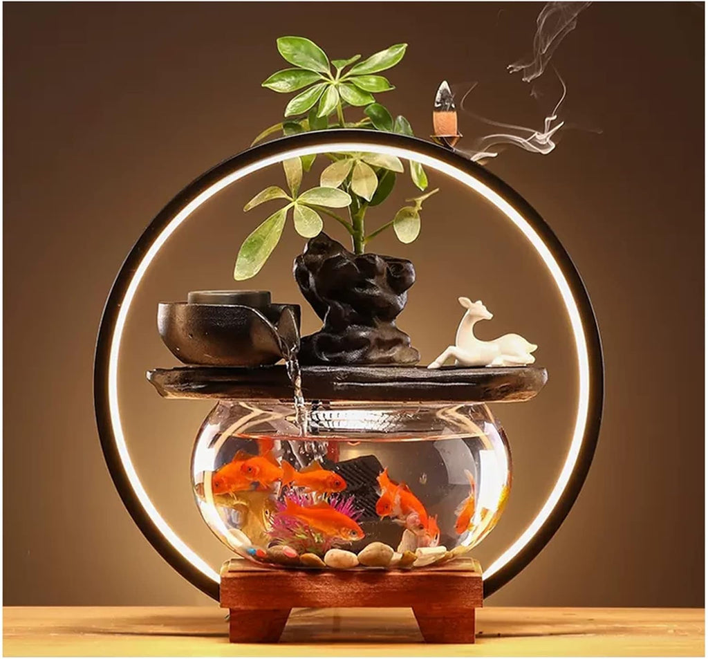 Indoor Fountain/Water Fountain Indoor Relaxation Desktop Ceramic Tabletop Fountain with Glass Fish Tank, Wooden Base and Led Light, Indoor Zen Desktop Relaxin,Gold