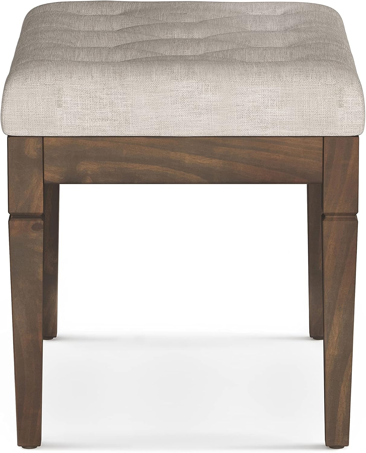 SIMPLIHOME Waverly Small Tufted Ottoman Bench - 28 inch Wide Upholstered Linen Look Fabric Rectangle Footstool Ottoman in Natural, Traditional Bench for Bedroom or Living Room with Carved Legs