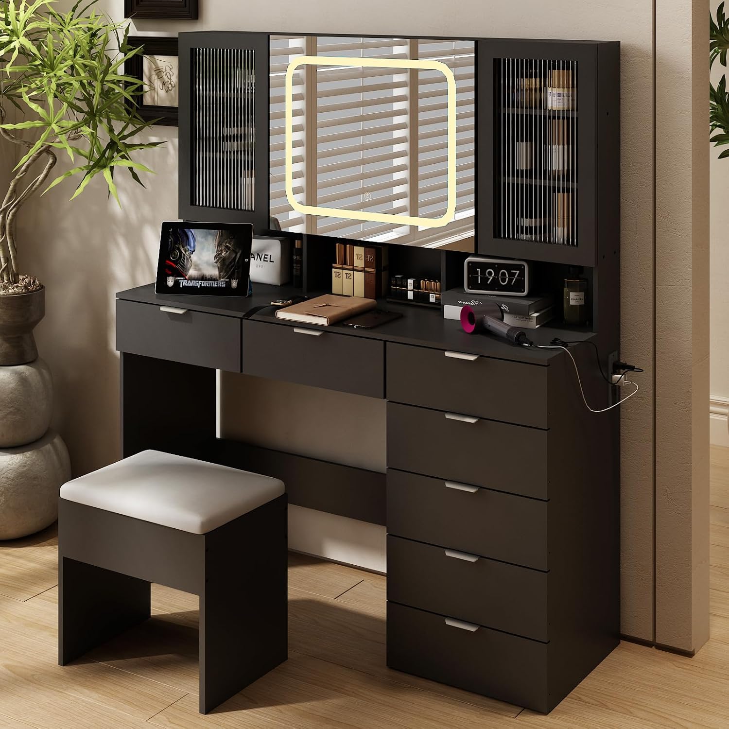 VINGLI Vanity Desk with LED Lighted Mirror & Padded Bench, Makeup Set with 7 Drawers & 2 Clear Glass Cabinets & 1 Hidden Mirror Cabinet & 3 Storeroom & Charging Station for Bedroom, Black