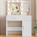 LIVELYGLOW White Makeup Vanity with 10 Hollywood Light Bulbs, 35.4' Wide Dressing Table with Large Mirror & Dimming Function, Small Space Vanity Desk with 2 Drawers, Storage Cabinet & Shelves
