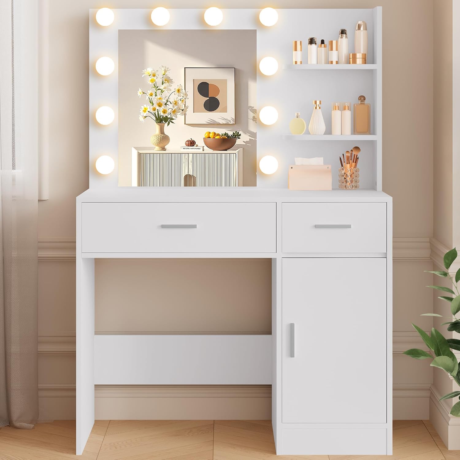 LIVELYGLOW White Makeup Vanity with 10 Hollywood Light Bulbs, 35.4' Wide Dressing Table with Large Mirror & Dimming Function, Small Space Vanity Desk with 2 Drawers, Storage Cabinet & Shelves