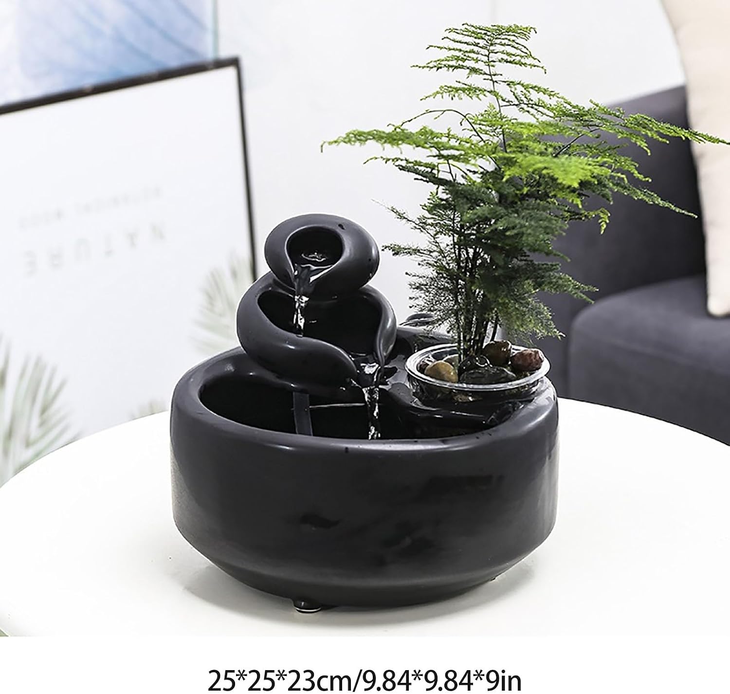 Ceramics Tabletop Water Fountain with Crystal Ball for Indoor Use, Tabletop Fountain Relaxing Ambient Sound Flowing Ornaments Fish Tank Fountain(White,with Atomizer-D)