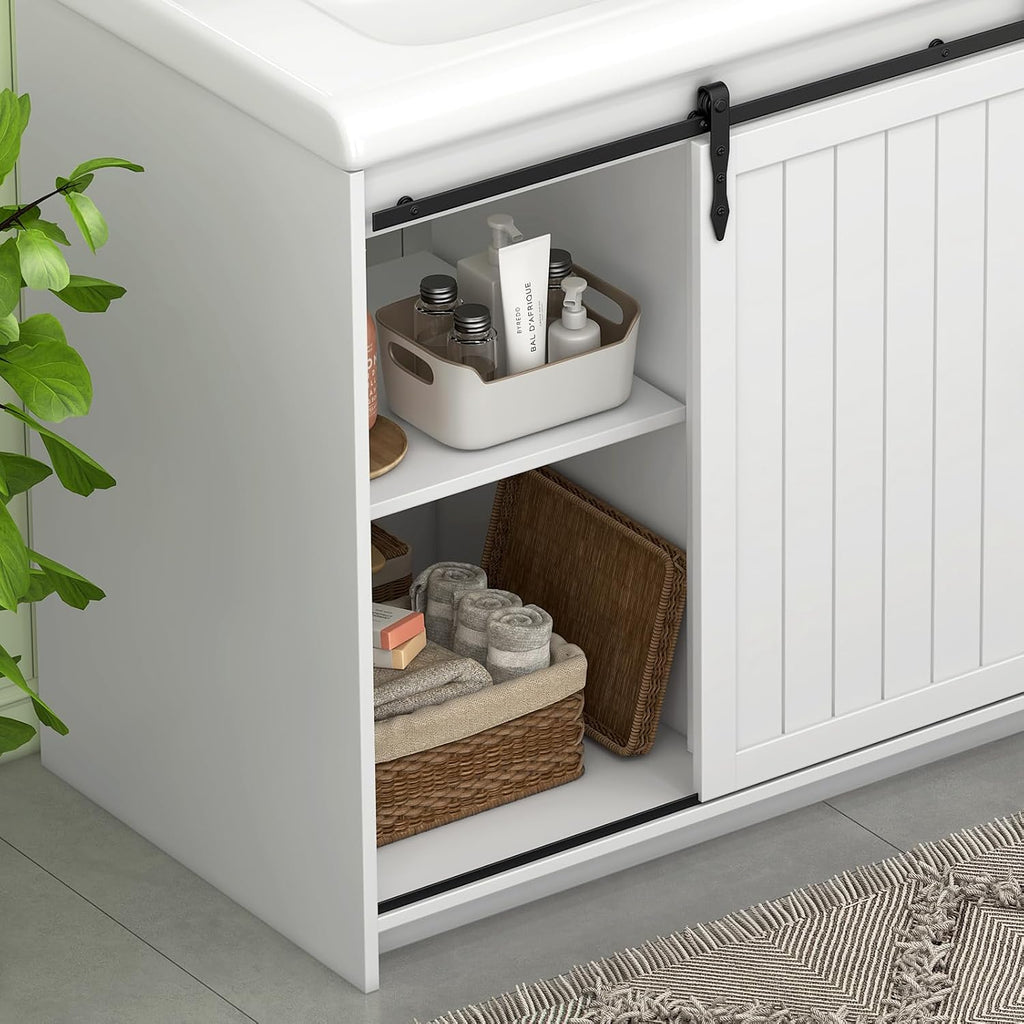 Bathroom Vanity with Double Sinks, 48' Standing Double Vanity with Drawers & Metal Handles, 2 Sink Bathroom Vanity with 4 Shelves, White