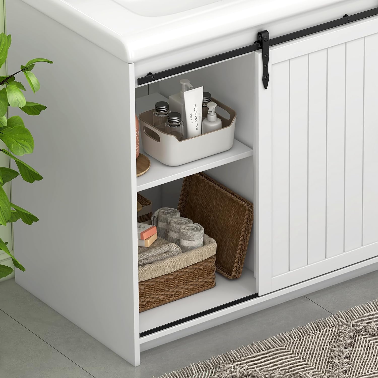 Bathroom Vanity with Double Sinks, 48' Standing Double Vanity with Drawers & Metal Handles, 2 Sink Bathroom Vanity with 4 Shelves, White