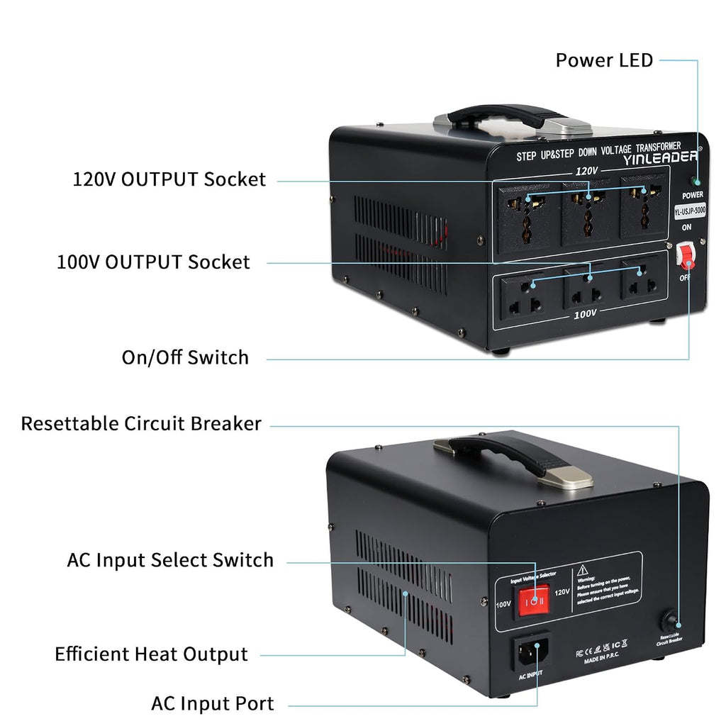Yinleader 120V to 100V US to Japan Voltage Converter Step Down/Up Transformer for Japanese Industrial or High-Power Use in US(5000W)