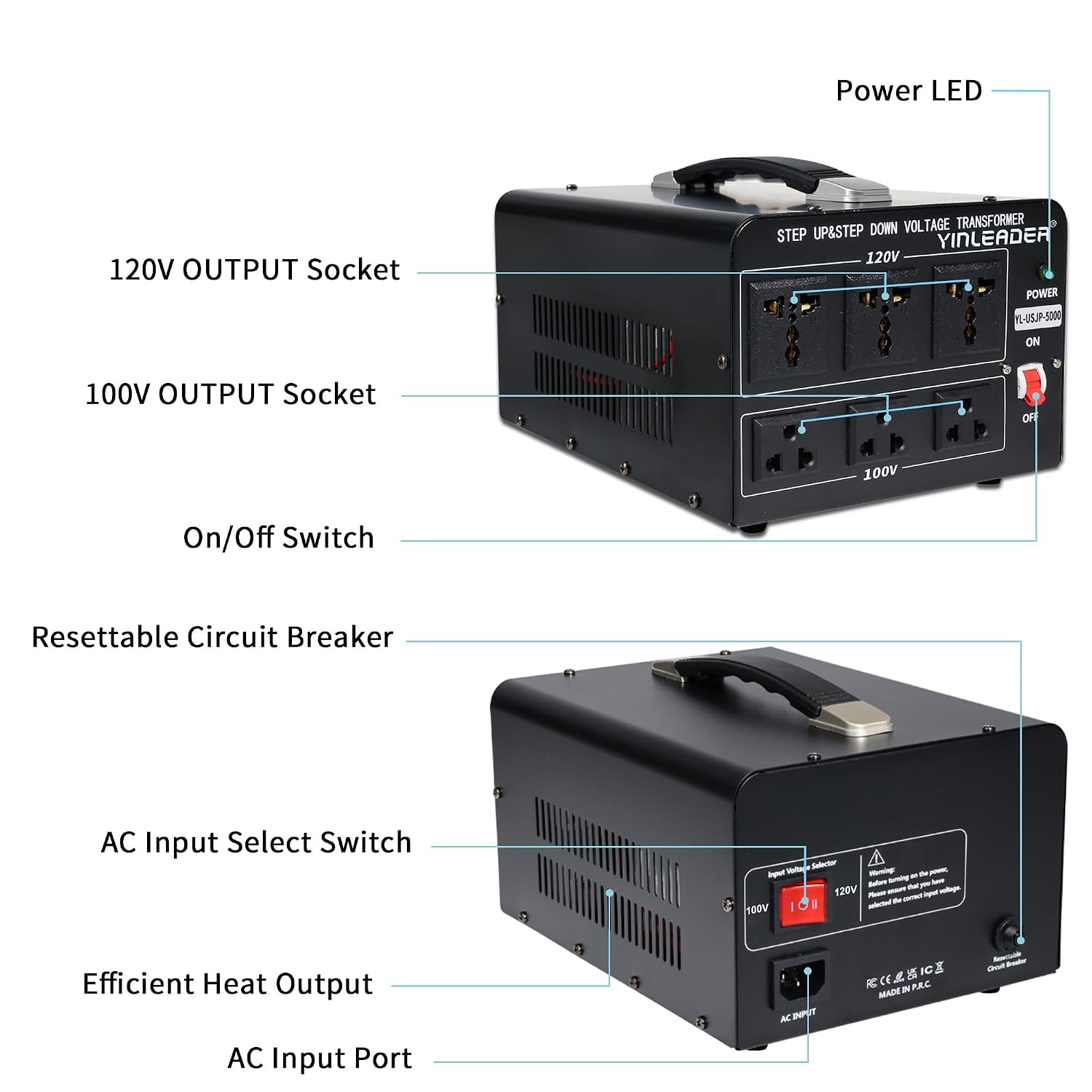 Yinleader 120V to 100V US to Japan Voltage Converter Step Down/Up Transformer for Japanese Industrial or High-Power Use in US(5000W)