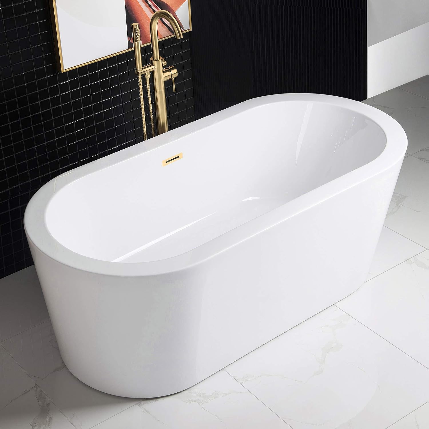 WOODBRIDGE 67' Acrylic Freestanding Bathtub Contemporary Soaking White Tub with Brushed Gold Overflow and Drain，B0002 -BG-Drain &O