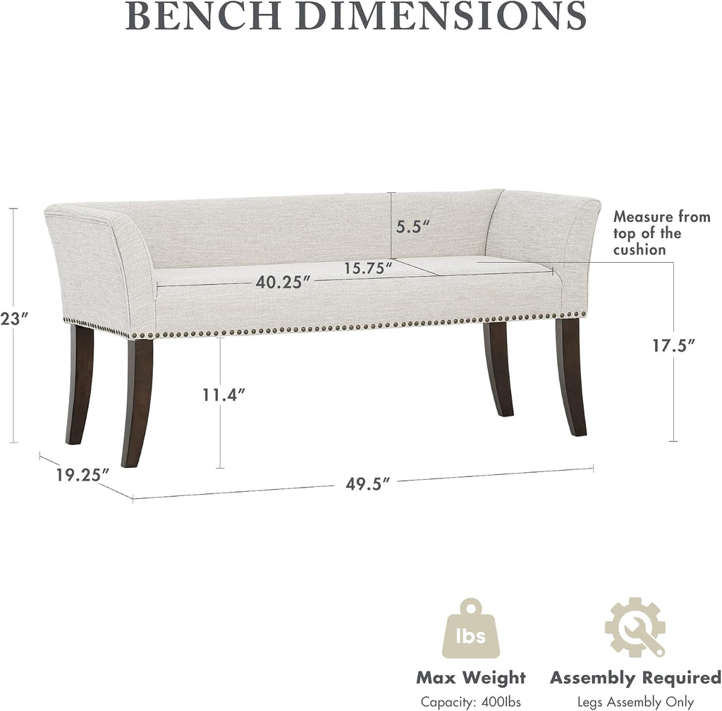 Madison Park Accent Bench for Living Room, Upholstered with Nailhead Trim, & Padded Seat Entryway Bench Small, End of Bed Bench with Back, 49.5' W x 19.25' D x 23' H, White Cream
