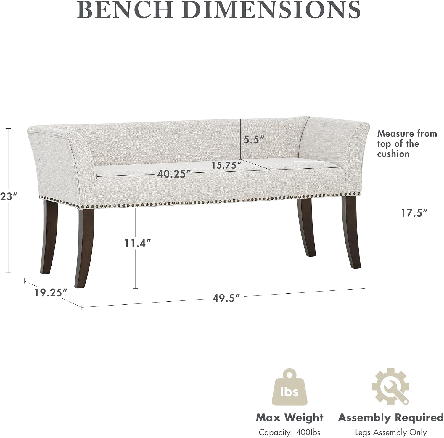Madison Park Accent Bench for Living Room, Upholstered with Nailhead Trim, & Padded Seat Entryway Bench Small, End of Bed Bench with Back, 49.5' W x 19.25' D x 23' H, White Cream