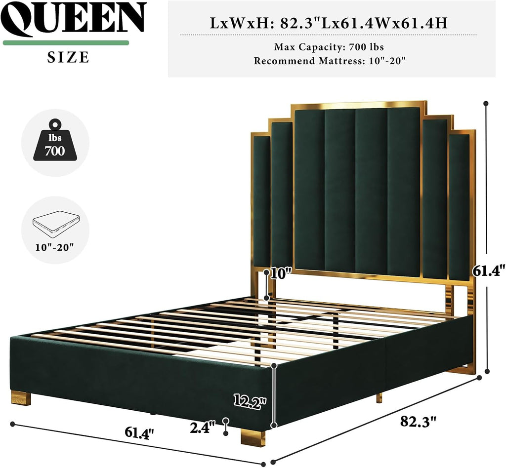 AMERLIFE Queen Size Upholstered Bed, Modern Velvet Bed Frame with 61.4' Tall Gold Trim Headboard, No Box Spring Needed, Green