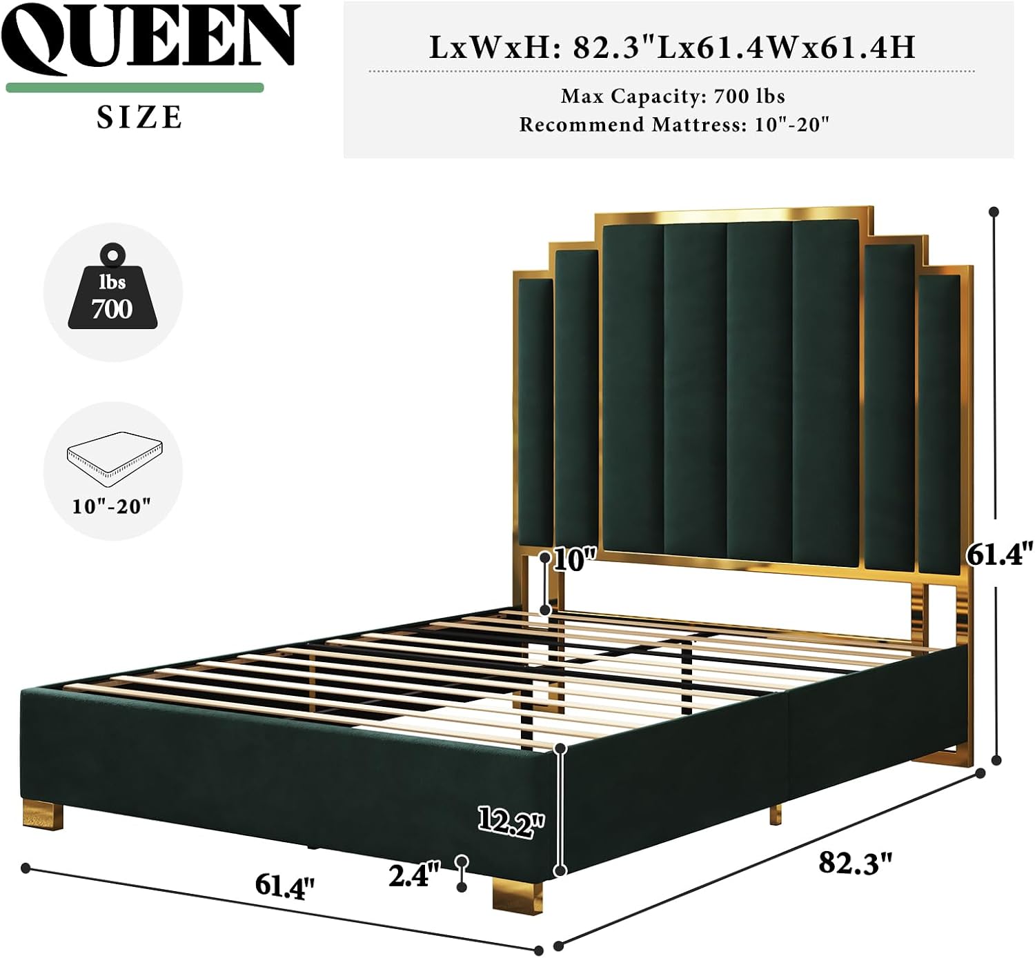 AMERLIFE Queen Size Upholstered Bed, Modern Velvet Bed Frame with 61.4' Tall Gold Trim Headboard, No Box Spring Needed, Green