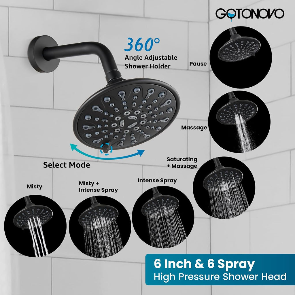 gotonovo Waterfall 8 inch Widespread Bathroom Faucet with gotonovo Shower Faucet Set Complete 6 Settings 6 inch Rainfall Shower Head Kit Matte Black