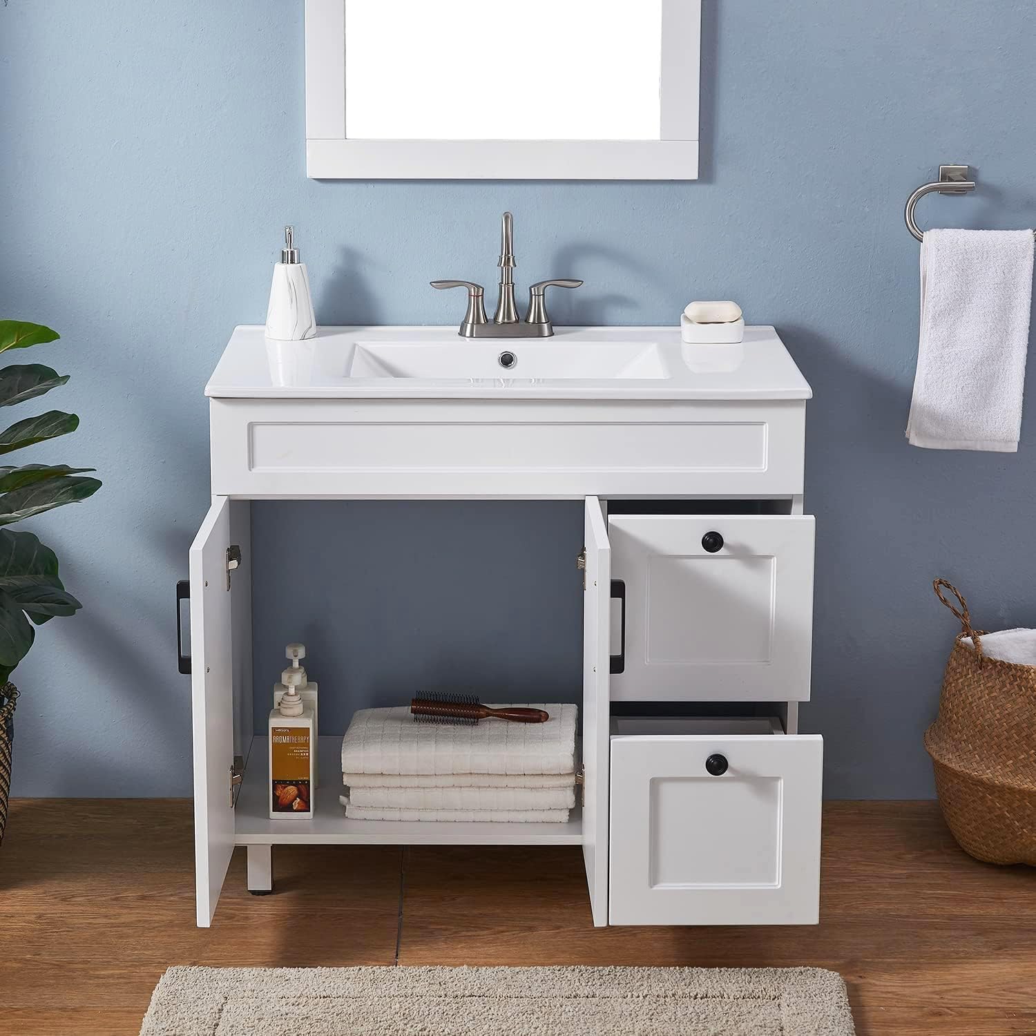 36 Inch White Freestanding Bathroom Vanity with Ceramic Sink Combo, Modern Storage Vanity with 2 Soft-Closing Doors & 2 Drawers, Ideal for Medium-Sized Bathrooms