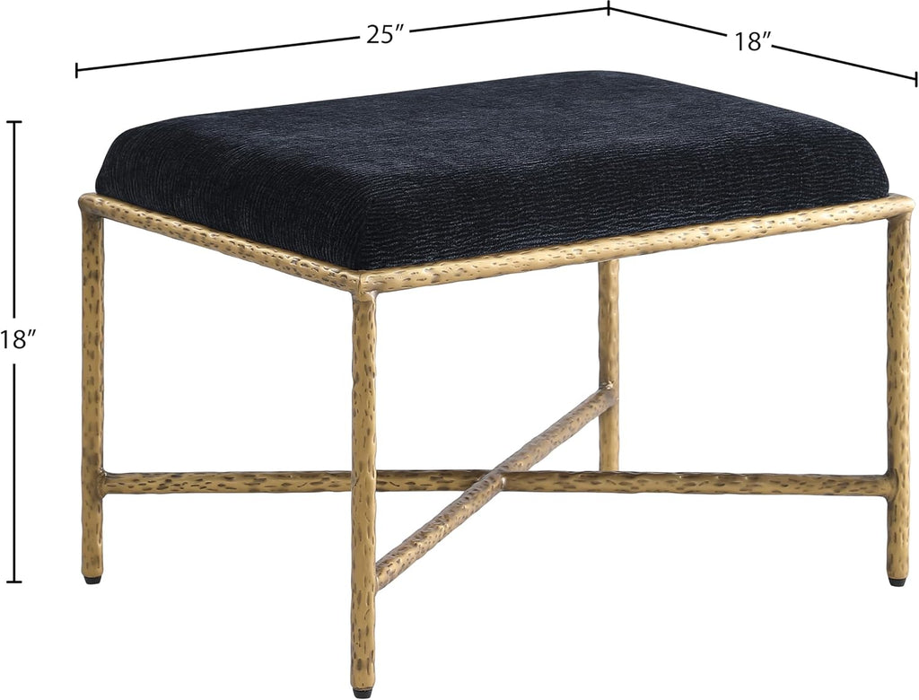 Meridian Furniture 22061Black Valley Collection Modern | Contemporary Bench with Soft Black Chenille Fabric, Brushed Brass Forged Iron Metal Legs and Frame, 25' W x 18' D x 18' H, Black