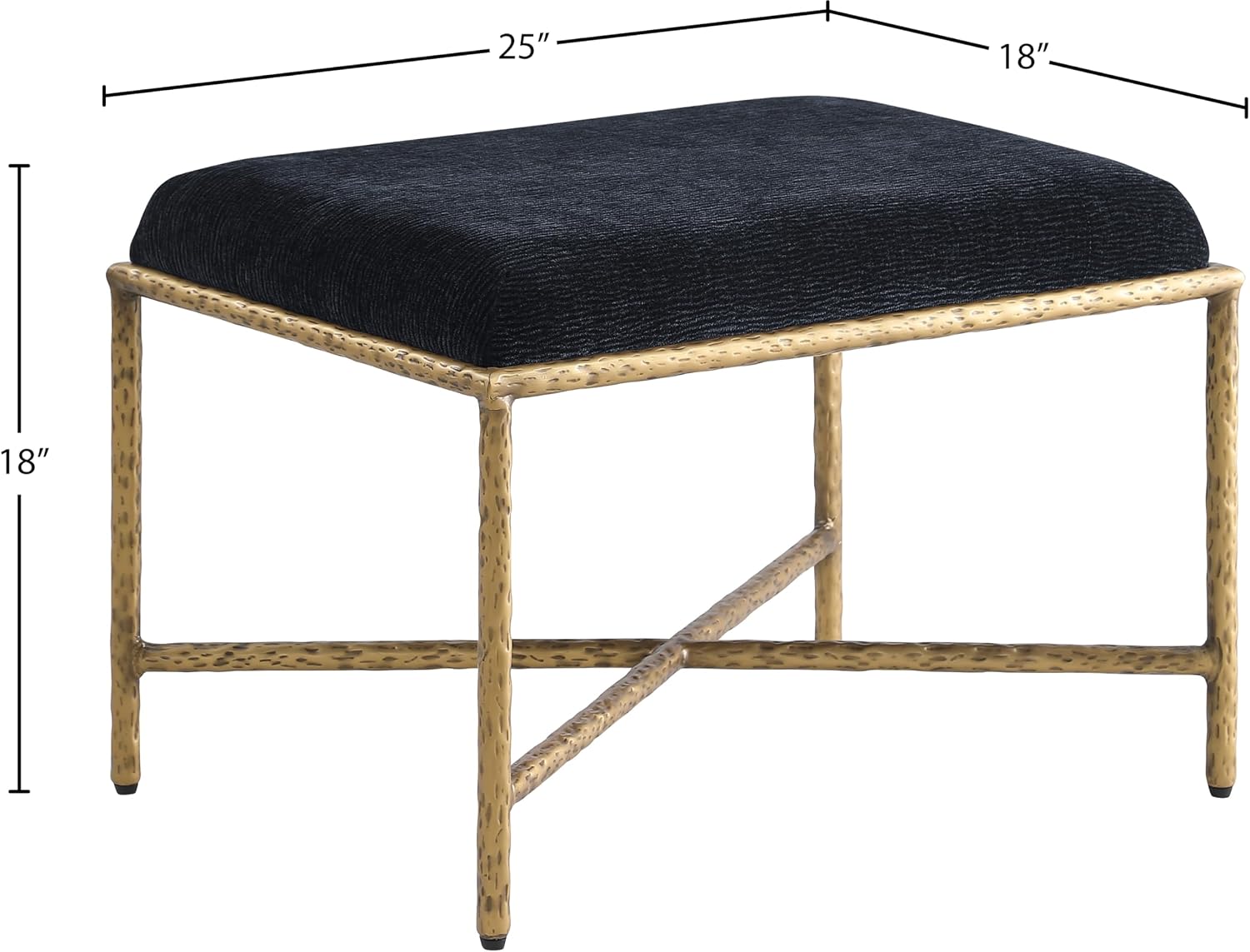 Meridian Furniture 22061Black Valley Collection Modern | Contemporary Bench with Soft Black Chenille Fabric, Brushed Brass Forged Iron Metal Legs and Frame, 25' W x 18' D x 18' H, Black