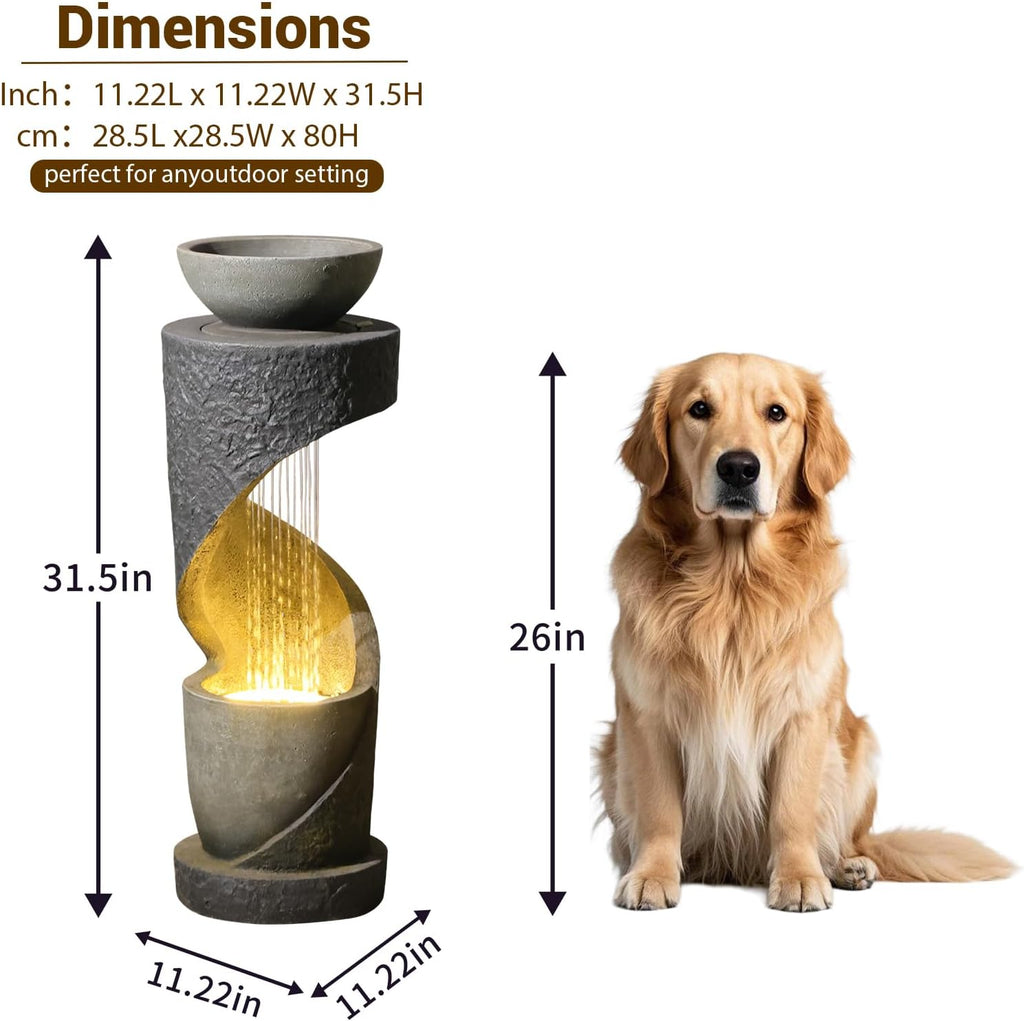 Sunlinua Outdoor Water Fountain with LED Light, Modern Spiral Tiered Outdoor Fountain with Stone Planter Curved Freestanding Waterfall Fountains for Garden Patio Deck Porch