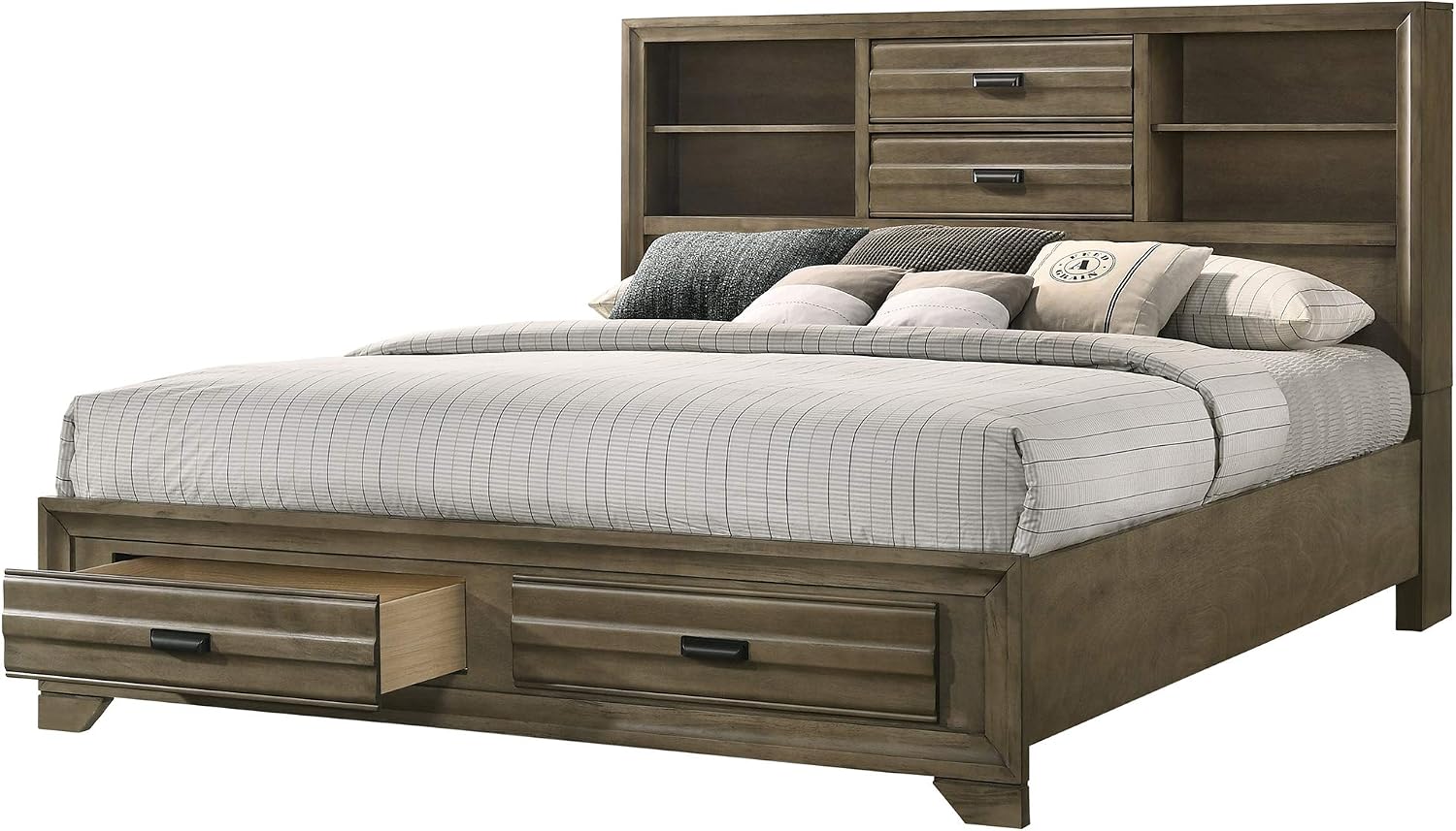 Roundhill Furniture Loiret Light Gray Finish 3-Piece Wood Bedroom Set with Queen Size Storage Bed with Two Nightstands