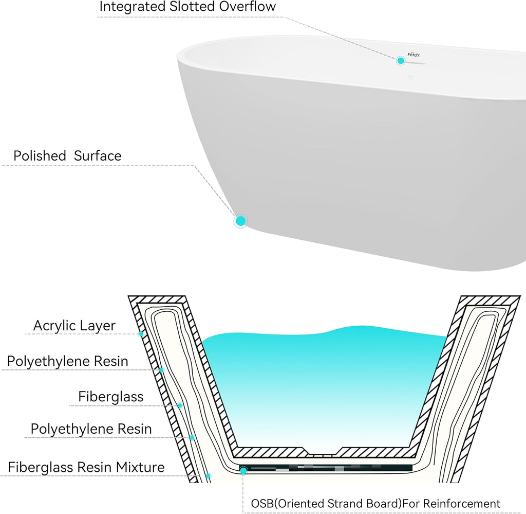 FerdY 59' Bali Elite Acrylic Freestanding Bathtub, Gracefully Shaped Freestanding Soaking Bathtub, cUPC Certified, Toe-Tap Brushed Nickel Drain and Minimalist Linear Design Overflow Included