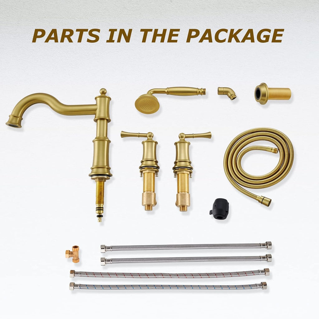 Roman Bathtub Faucet Set With Hand Shower 4 Hole Deck Mount Tub Filler With Diverter, 2 Lever Handle Rough-in Valve and Water Supply Lines Included for Bathroom Tub, Brushed Gold