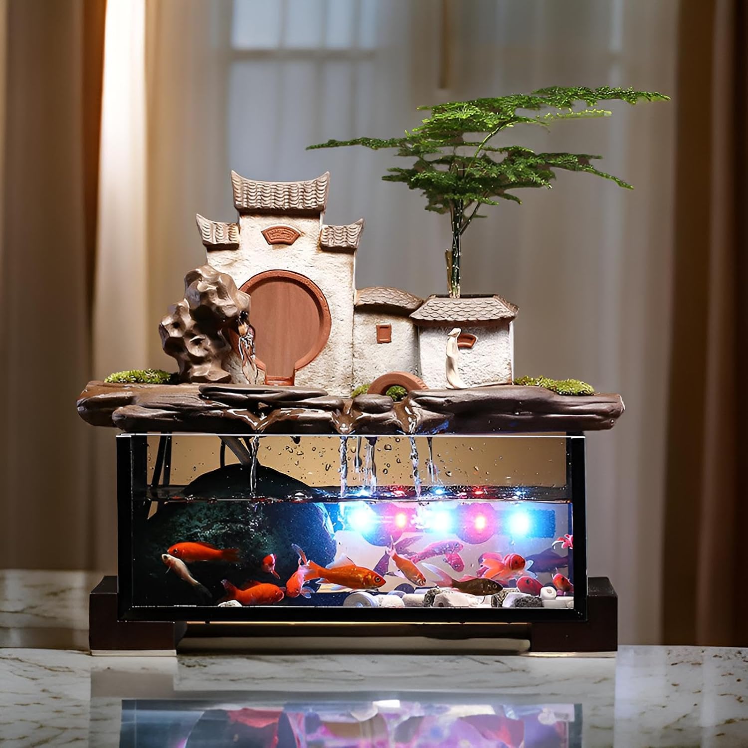 Desktop Ceramic Water Fountain Fish Tank - Adjustable Water Flow with LED Lights | Indoor Decoration Fortune Gifts+15 PCS Free Crystals (Style 6)