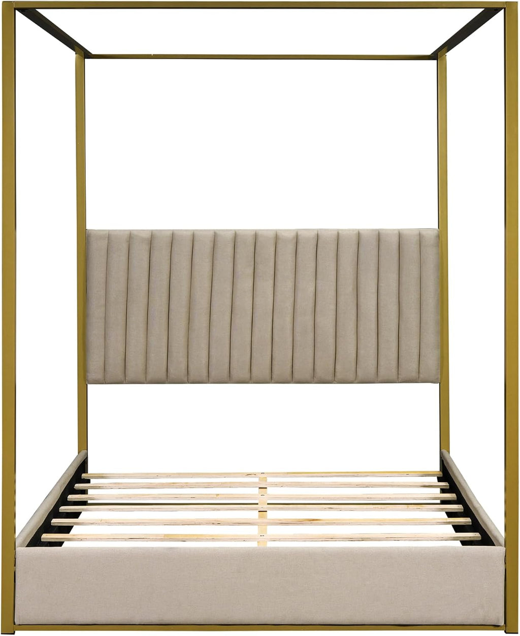 Modern 4-Poster Canopy Platform Bed Queen Size with Channel Upholstery Tufted Headboard, Gold Metal Canopied Design Platform Bed Frame with Strong Slats Support (Beige+U)