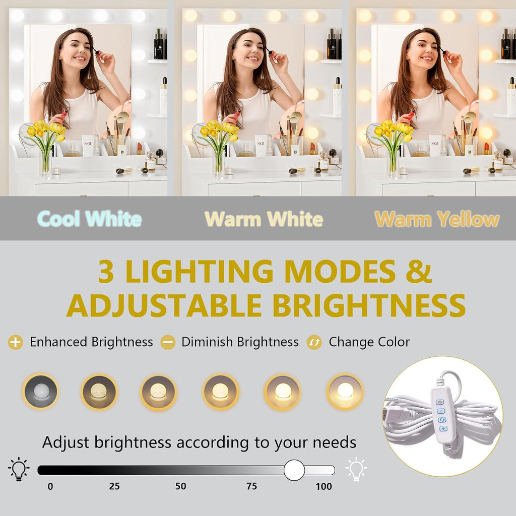 Xixini Vanity Desk with Mirror and Lights, Makeup Vanity Table Set with 5 Storage Drawers, Power Outlet, Small Dressing Table with RGB Ambient Light, Adjustable Brightness for Girls Bedroom, White