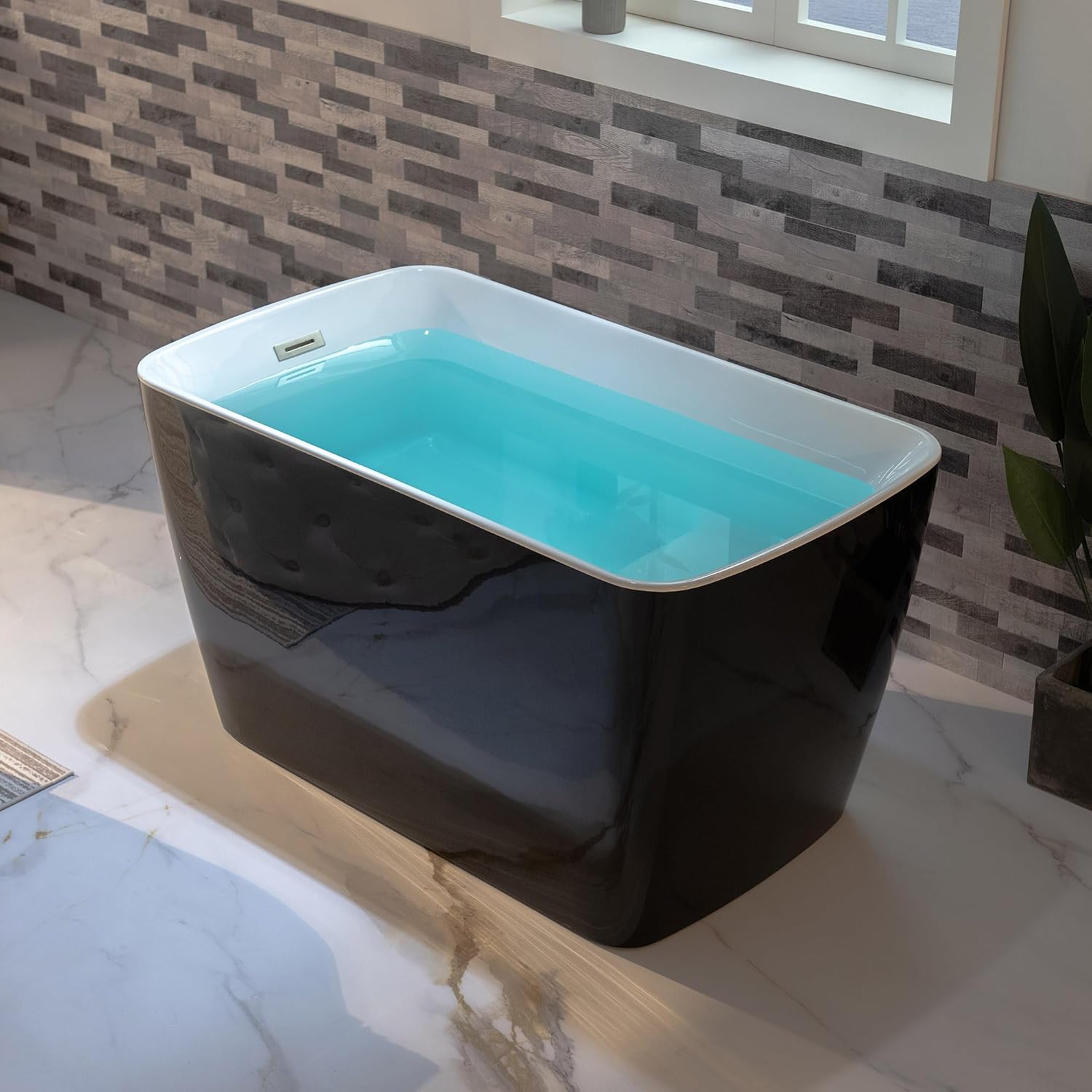 WOODBRIDGE 48' Acrylic Freestanding Square Shape Janpanese Soaking Tub with Pre-molded Seat and Brushed Nickel Pop-UP Drain and Overflow Option, Black, B1870