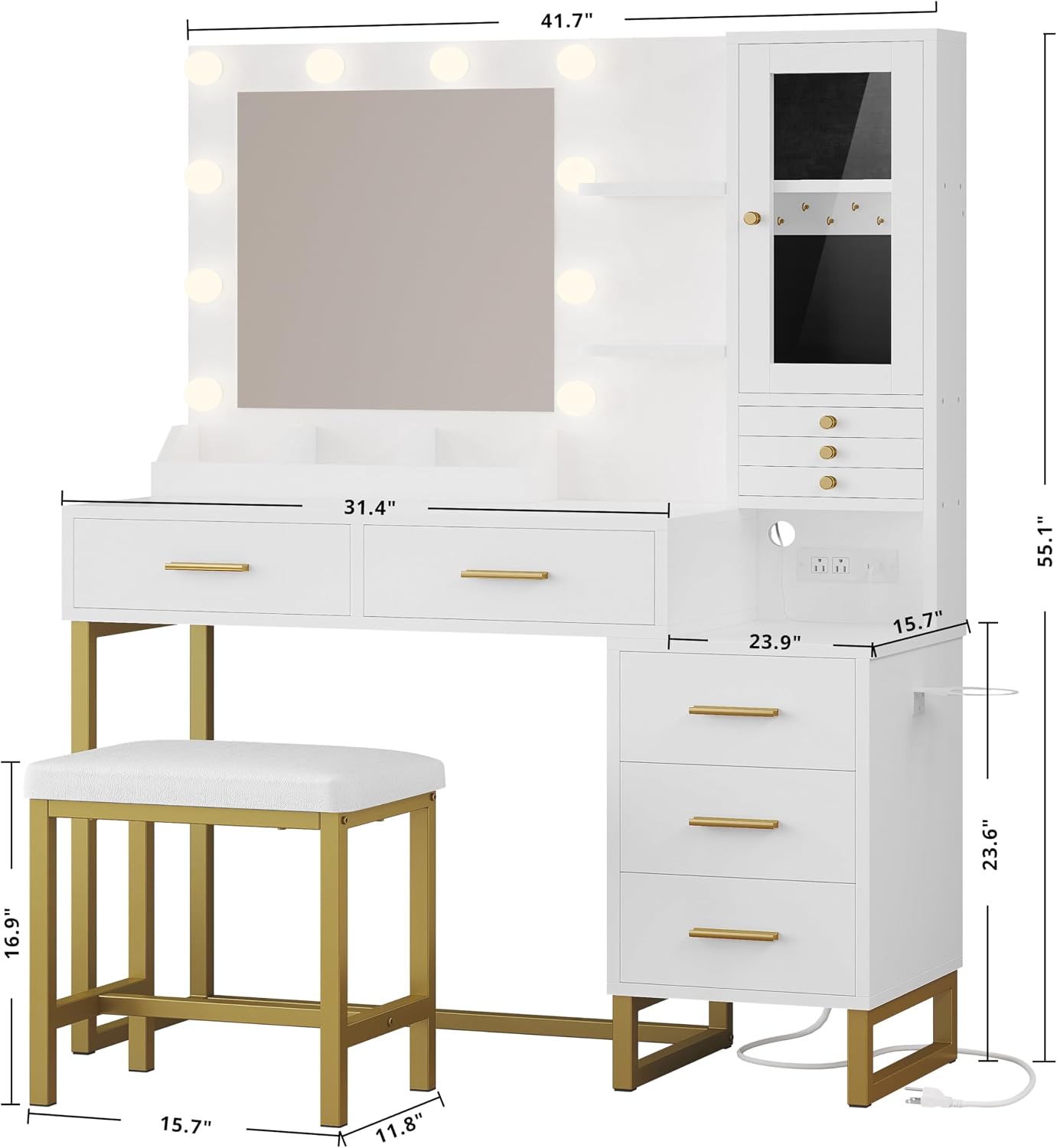 IRONCK Vanity Desk with Mirror and Lights, Makeup Vanity Table with 5 Drawers & Shelves, Power Outlet, Vanity Stool, Dressing Table with Jewelry Storage for Girls Bedroom, White & Gold