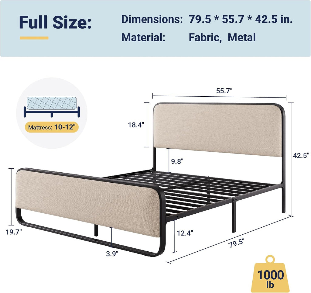 Allewie Full Size Metal Bed Frame with Curved Upholstered Headboard and Footboard, Platform Bed Frame with 12.4'' Under Bed Storage, No Box Spring Needed, Vintage, Beige