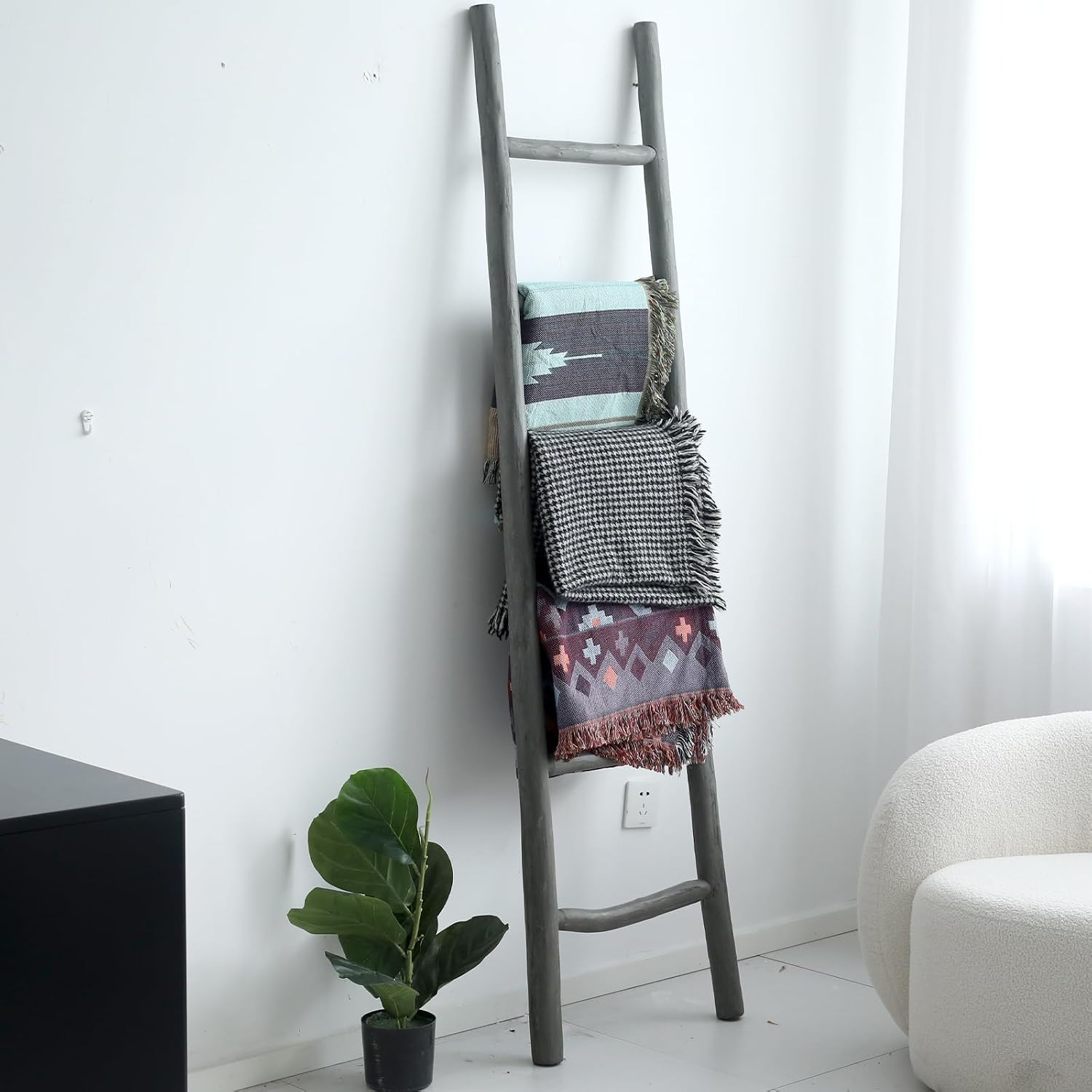 FUIN Fully Assembled 6ft Wood Blanket Ladder Living Room Decorative Wall Leaning Farmhouse Quilt Display Holder Rustic Wooden Towel Rack for Bathroom, Gray