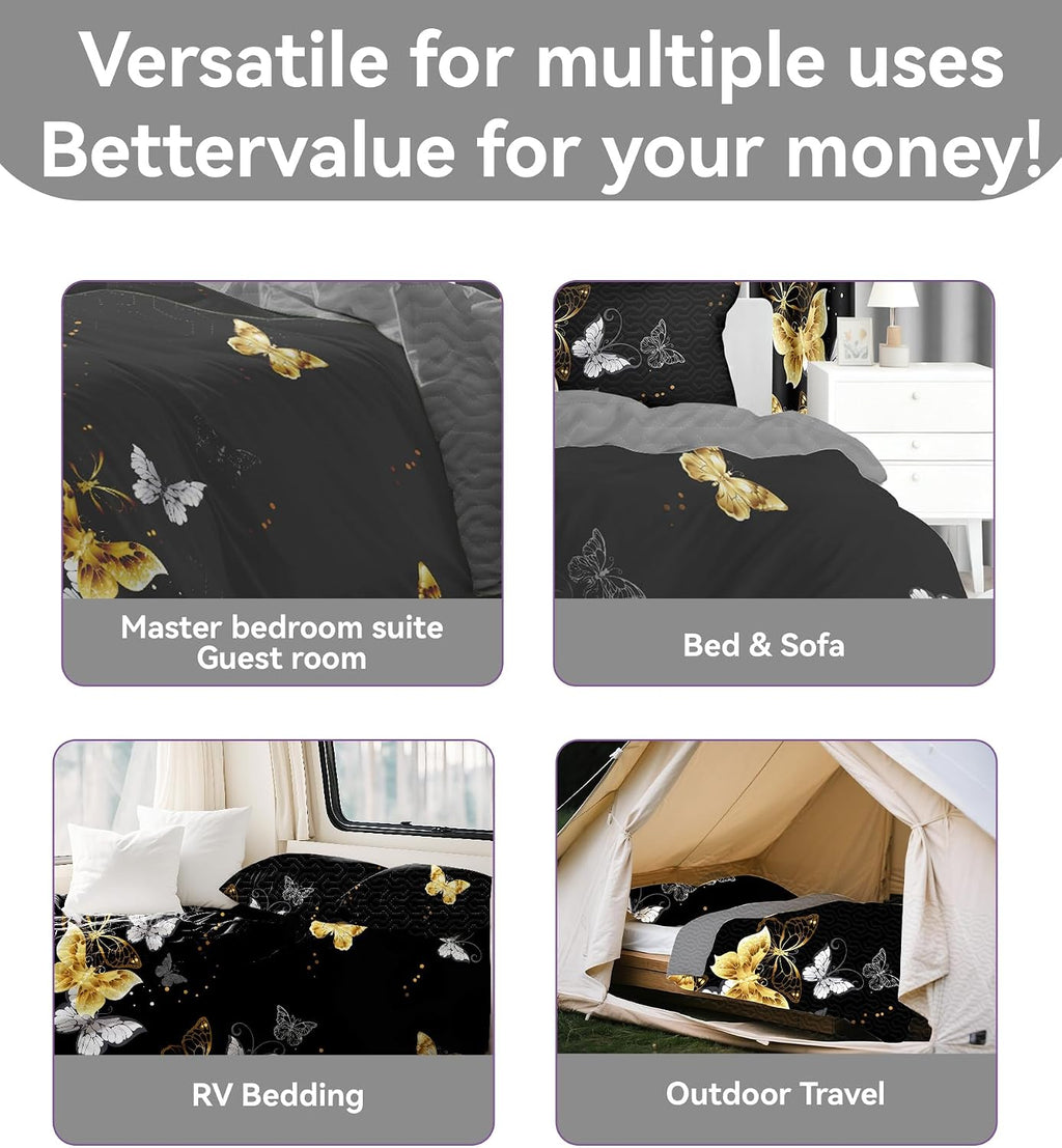 9-Piece Queen Comforter Set with Curtains Black Gold Butterfly Microfiber Elegant Bedroom