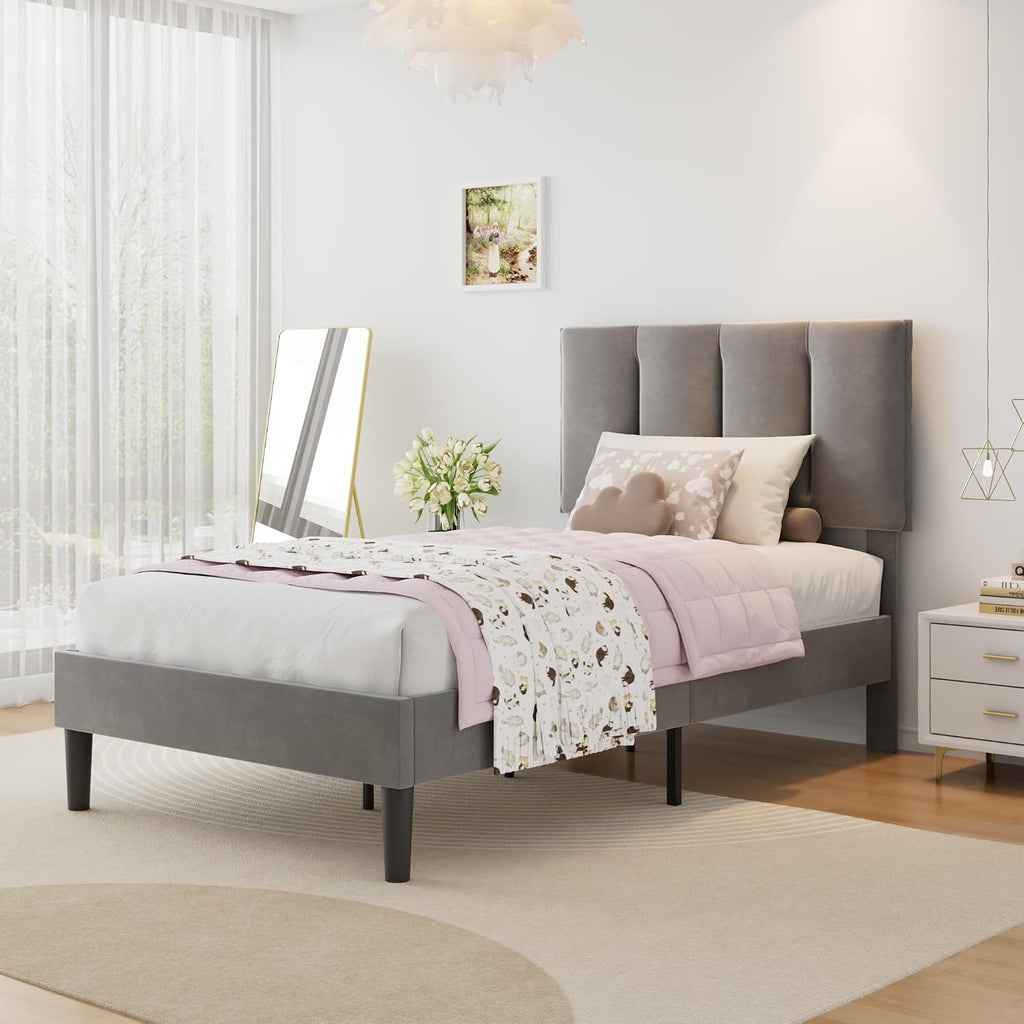 VECELO Twin Size Bed Frame with Upholstered Headboard, Heavy-Duty Bedframe with Wooden Slats & Steel Framework, Easy Assembly, Dark Grey