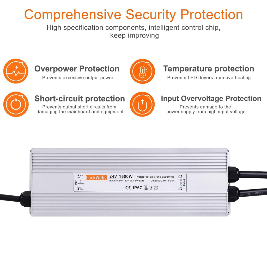 LED Driver 24V 1600W Waterproof Power Supply AC 90-130V to DC 24V66.6A Low-Voltage Transformer IP67 Switching Power Supply Suitable for High-Power LED Lighting and Any 24V DC Equipment