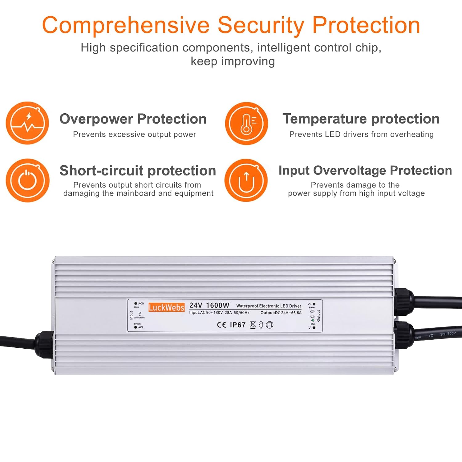 LED Driver 24V 1600W Waterproof Power Supply AC 90-130V to DC 24V66.6A Low-Voltage Transformer IP67 Switching Power Supply Suitable for High-Power LED Lighting and Any 24V DC Equipment