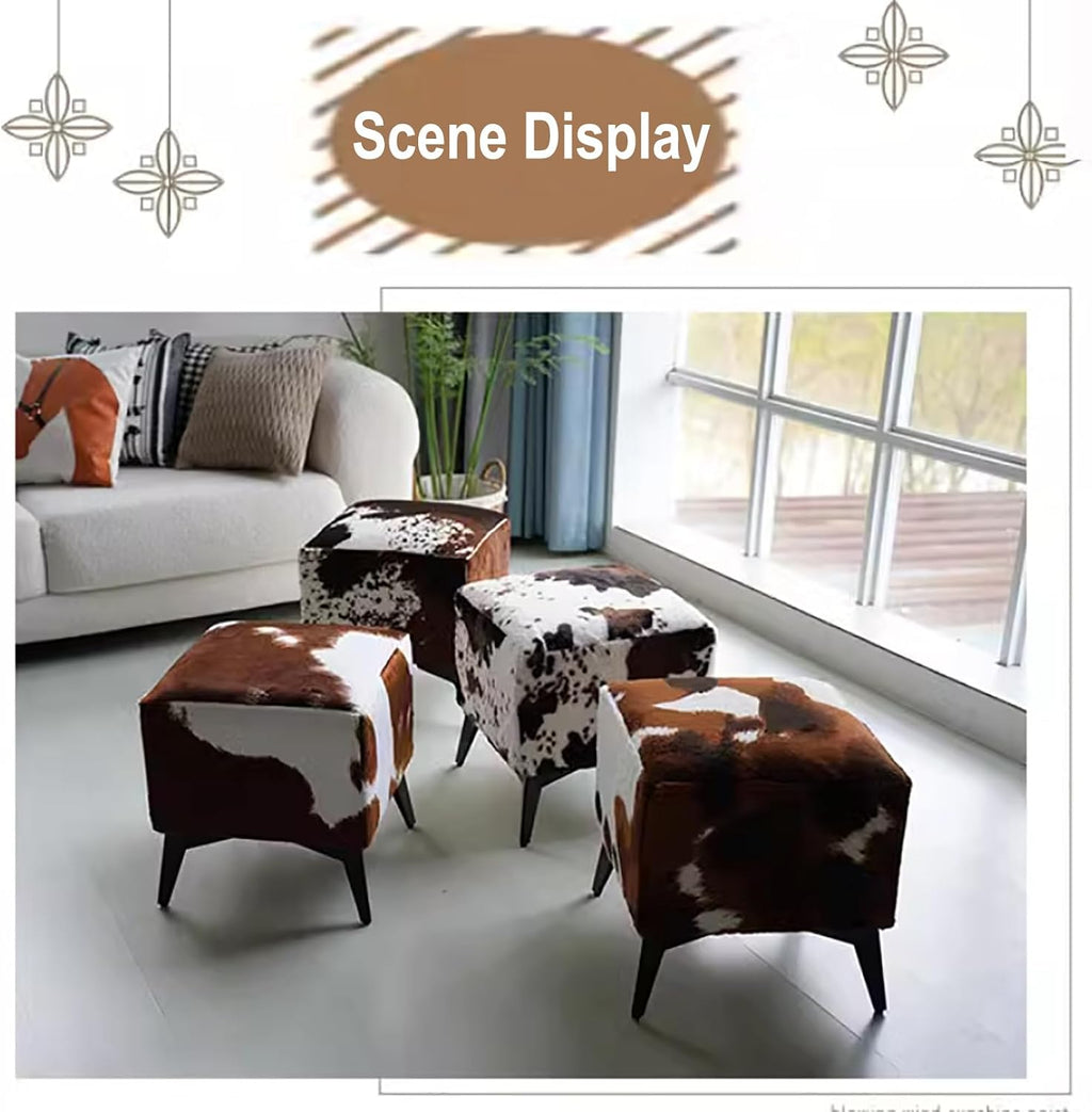 Square Footstool Ottoman,Vanity Stool Chair with Metal Leg,Furry Faux Cowhide Shoe Changing Bench for Vanity Entryway Bathroom Living Room Bedroom(17.3 * 15.7 * 15.7inch, Zebra)