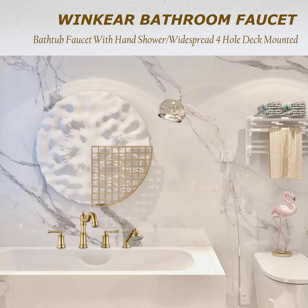 Roman Bathtub Faucet Set With Hand Shower 4 Hole Deck Mount Tub Filler With Diverter, 2 Lever Handle Rough-in Valve and Water Supply Lines Included for Bathroom Tub, Brushed Gold