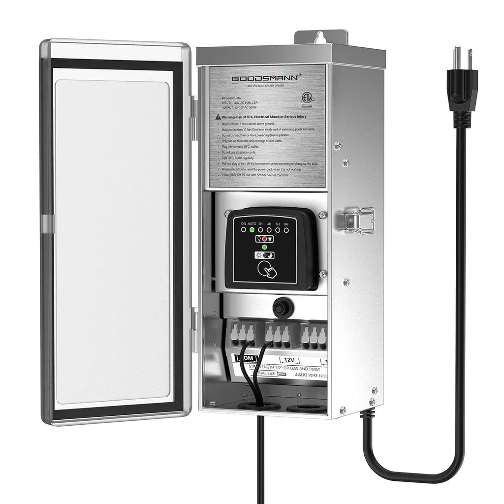 GOODSMANN Low Voltage Transformer 300W Replaceable Mode Panel 120V AC to 12V or 15V AC Multi Tap Stainless Steel Outdoor Landscape Lighting Transformer Weatherproof with Photocell Sensor