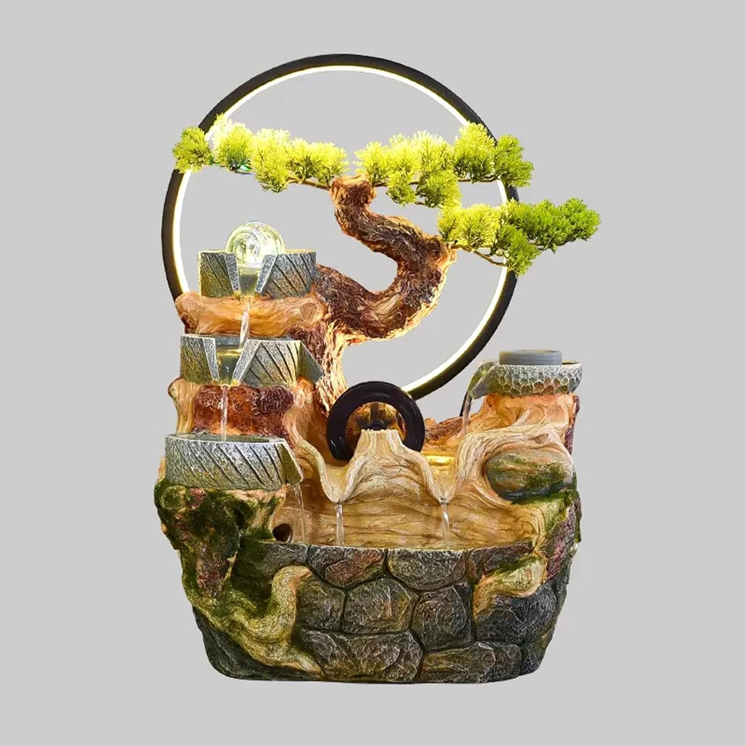 Tabletop Fountain Indoor Relaxation Desktop Fountain Waterfall with Automatic Pump Zen Meditation Feature Artificial Bonsai Decoration for Home Office Bedroom Desk(Large)