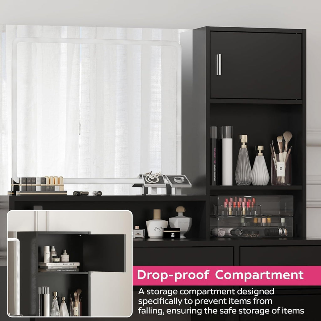Palimder Vanity Desk with LED Light Mirror, Dressing Table with Large Drawer & 3-Tier Storage, Adjustable Brightness 3 Lighting Modes, Modern Makeup Desk for Bedroom, Bathroom, or Living Room