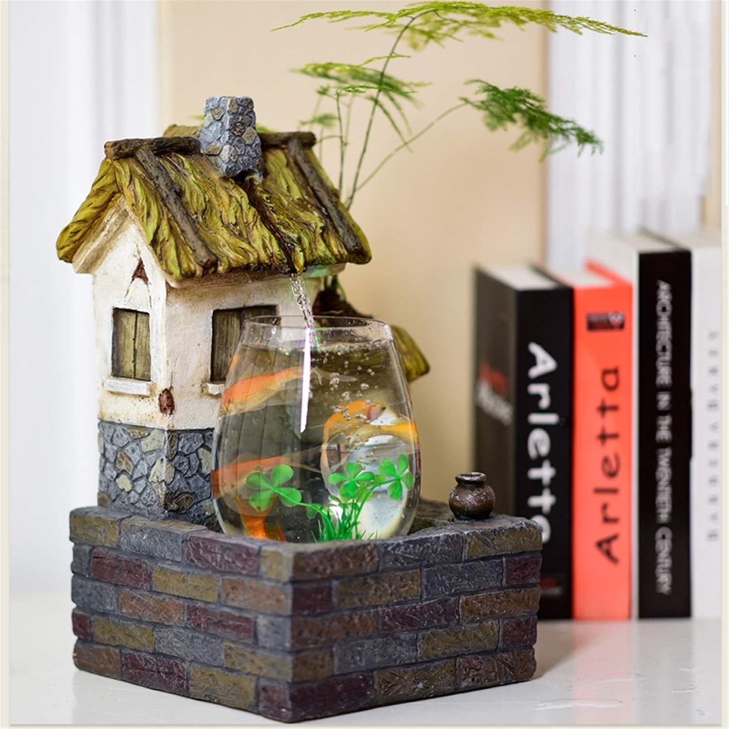 Transparent Fish Tank and Antique Cottage Fountain Waterfall Tabletop Water Feature Indoor Decoration Aquarium Humidifier Relaxesion Desktop Decorative Fountain(A)