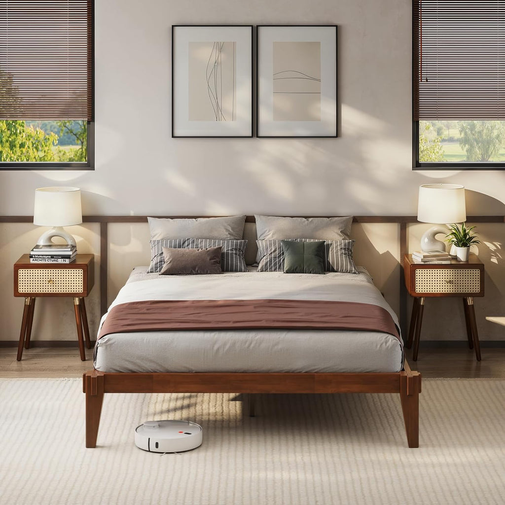 Bme Chalipa 14' Queen Bed Frame - Solid Wood Platform Bed - Japanese Joinery Bed Frame - Wood Slat Support - No Box Spring Needed - Minimalist & Modern Style, Walnut