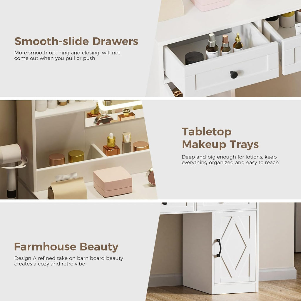 COMHOMA Makeup Vanity Desk with Mirror and Lights, Large Vanity Table with 6 Drawers & 1 Storage Cabinet, White Bedroom Dresser Table for Girls, 3 Color Modes Adjustable Mirror, White