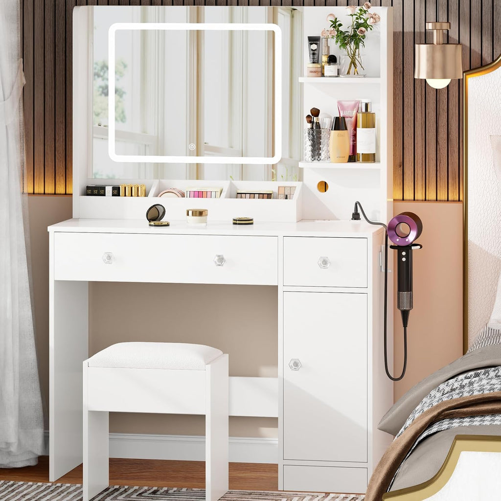 Makeup Vanity Desk with Mirror and Lights,Vanity Set with Mirror and Stool and Lights 3 Color,White Vanity Desk with Drawers,Make Up Table with Power Outlet,Dressing Table with Cabinet,Storage Shelves