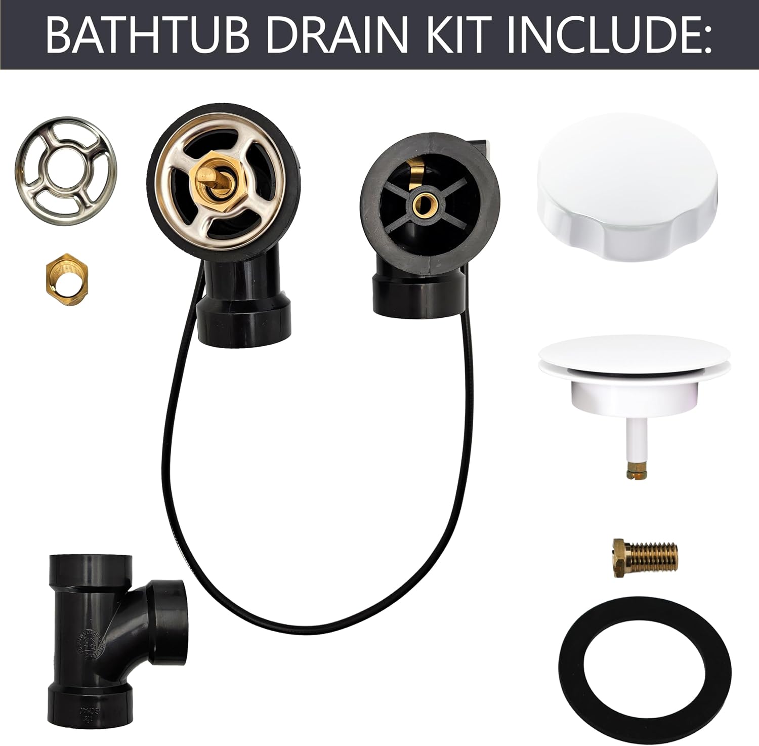Westbrass A50A35-50 35' SCH. 40 ABS Cable Driven Bath Drain Trim Kit with Rotary Overflow Cover Knob and Pop-Up Stopper, White