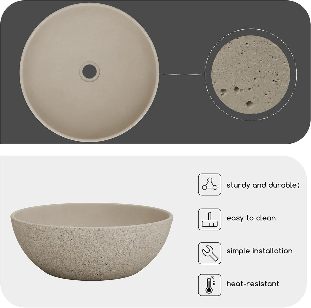 YIMAI Handcrafted Concrete Vessel Sink with Faucet & Drain – Eco-Inspired Coffee Grounds Countertop Basin, 15.7'x5.5', Artisan Brown Cement Bathroom Vanity Bowl for Modern & Luxury Spaces
