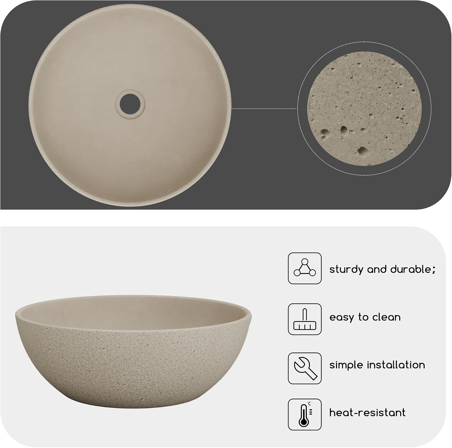 YIMAI Handcrafted Concrete Vessel Sink with Faucet & Drain – Eco-Inspired Coffee Grounds Countertop Basin, 15.7'x5.5', Artisan Brown Cement Bathroom Vanity Bowl for Modern & Luxury Spaces