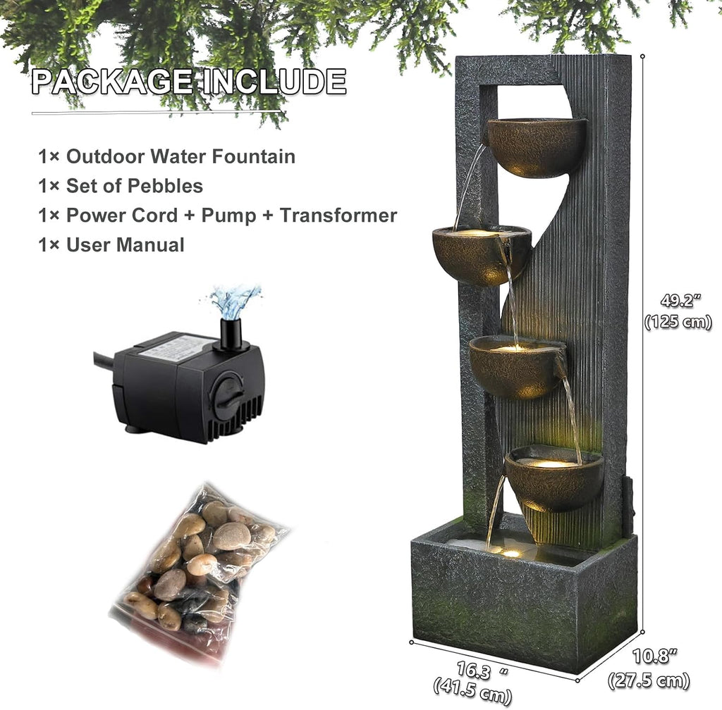 Sunlinua Outdoor-Water-Fountain Waterfalls Garden Fountain 5-Tier Outdoor Floor Standing Water Fountains with Natural Stones, LED Lights, Pump for Garden, Living Room, Patio, 49.2 Inches Tall