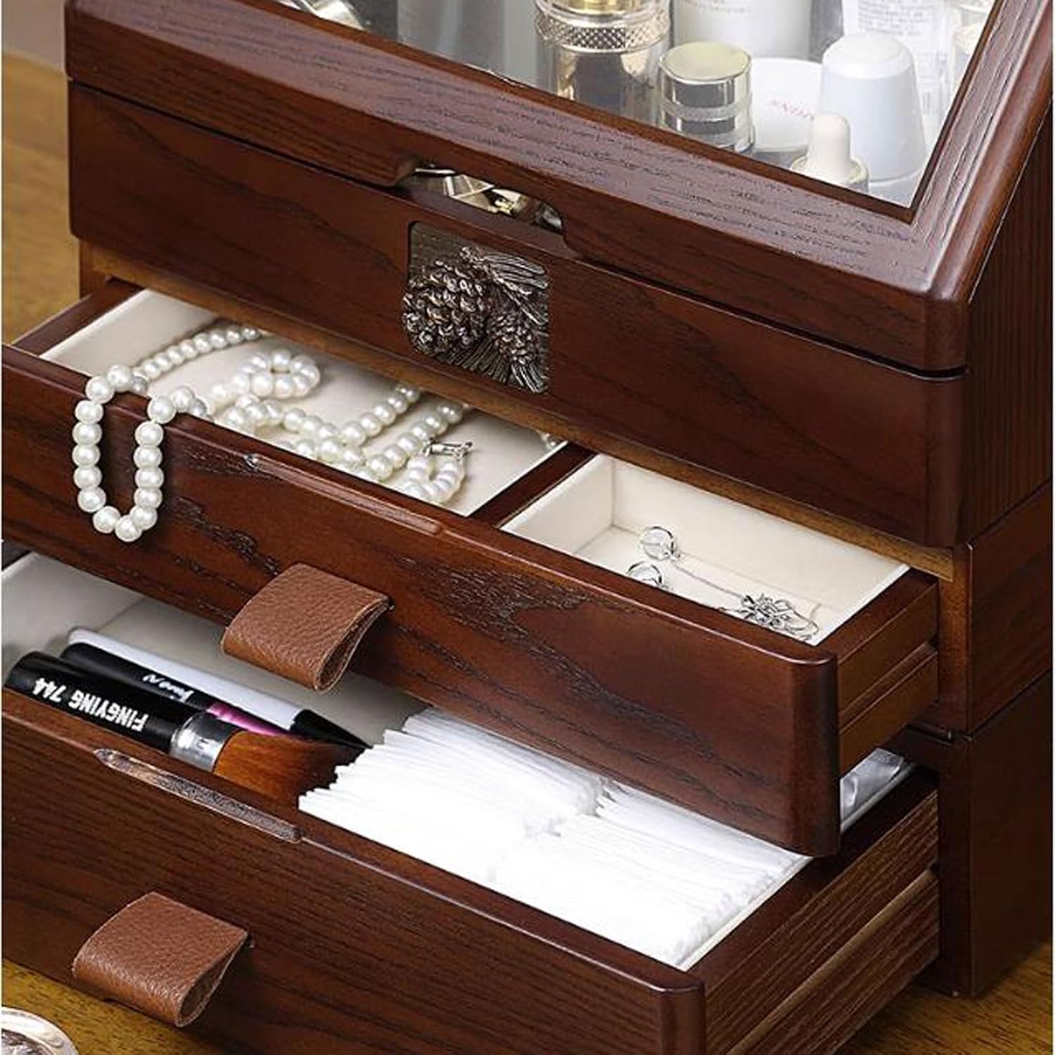 Makeup Organizer Box Large Capacity Wood Makeup Organizer Box with Flip Lid and Drawers, Bathroom Organizer Countertop, Vanity Tray Corner Shelf for Makeup Cosmetic Perfume Skincare Bathroom Supplies