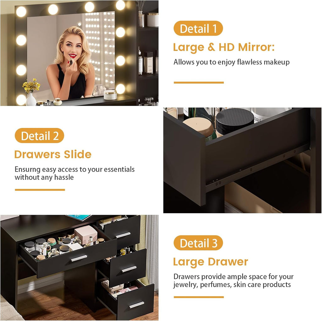 Vanity Desk with Lighted Mirror, Black Vanity with 4 Drawers,Makeup Vanity with Storage Shelves and Power Outlet,10 Lights with 3 Color Modes Brightness Adjustable for Girls' Bedroom (Black)