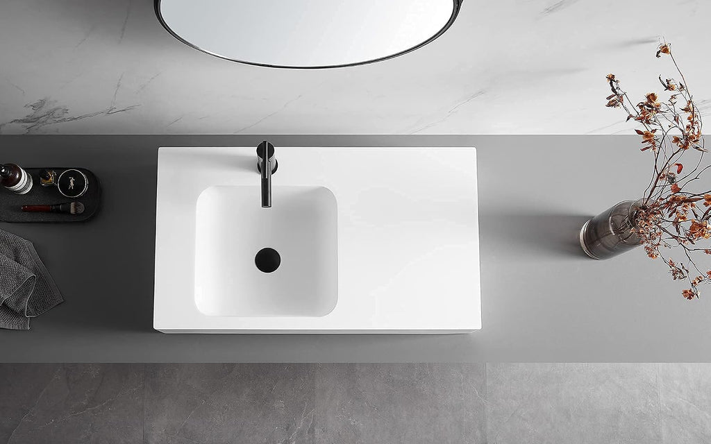 Serene Valley Bathroom Sink, Wall-Mount or On Countertop, 32' with Square Sink and Flat Space, Single Faucet Hole, Solid Surface Material